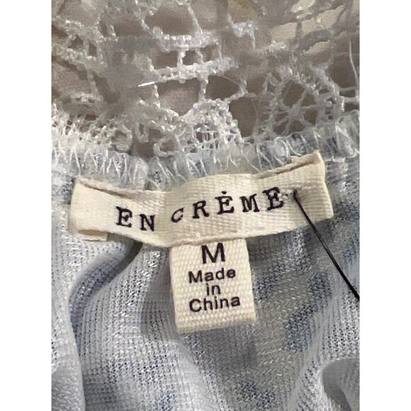 NWT En Crème Women’s Ruffle Sleeveless Print Lace Romper Size M White Blue - Picture 9 of 9